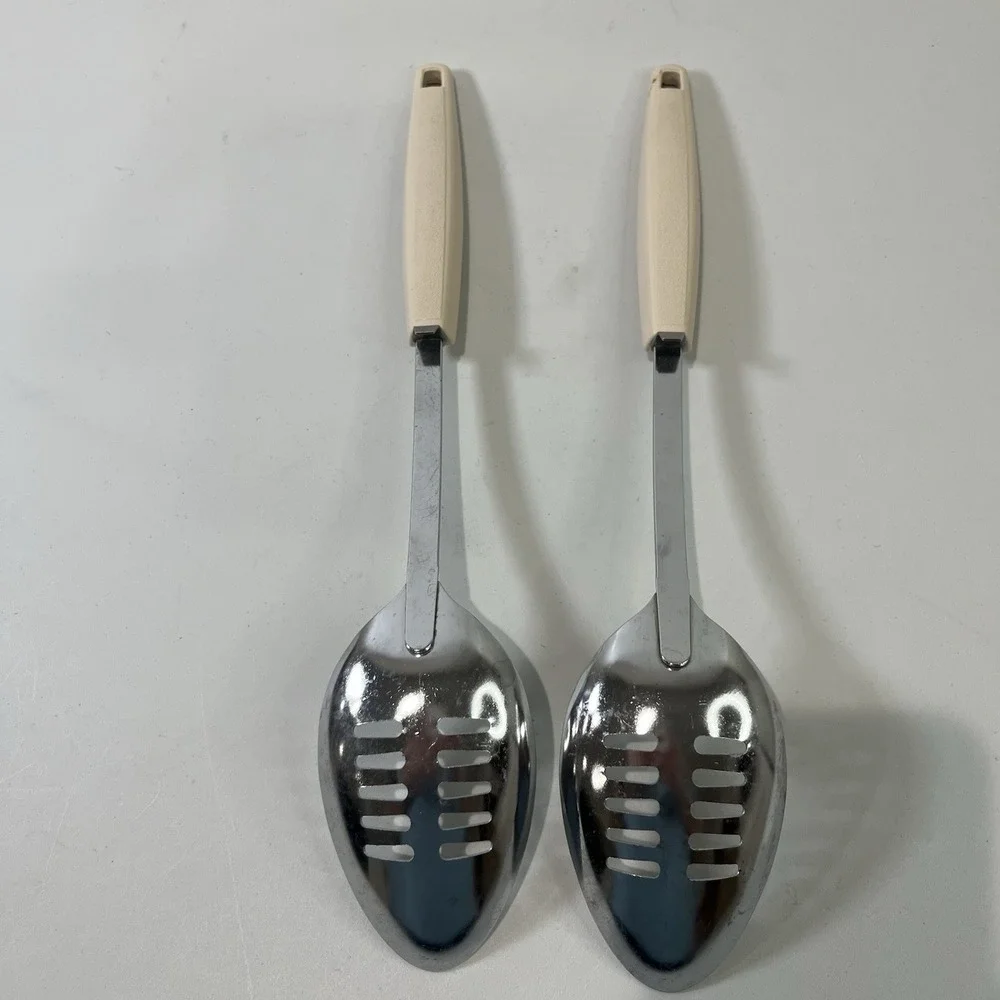 Vintage Ekco 1970's‎ Stainless Steel Long Slotted Spoons Lot 2 Floral SPOON
